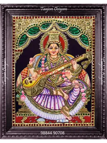 Saraswathi Tanjore Oviyam with veena rich gold foil traditional South Indian Saraswati artwork